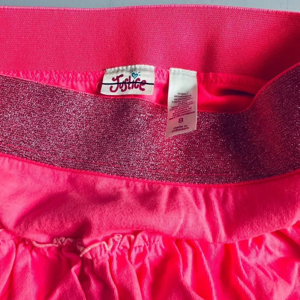 Justice Girls Size 8 Pink Ruffle Skort Sparkle Waist Tiered Skirt Shorts